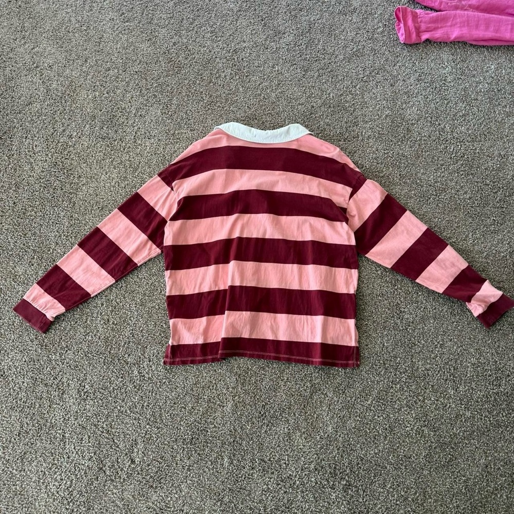 Anthropologie Pilcro Striped Cotton Pink White & Burgundy Rugby Polo Shirt Sz L - Picture 4 of 5